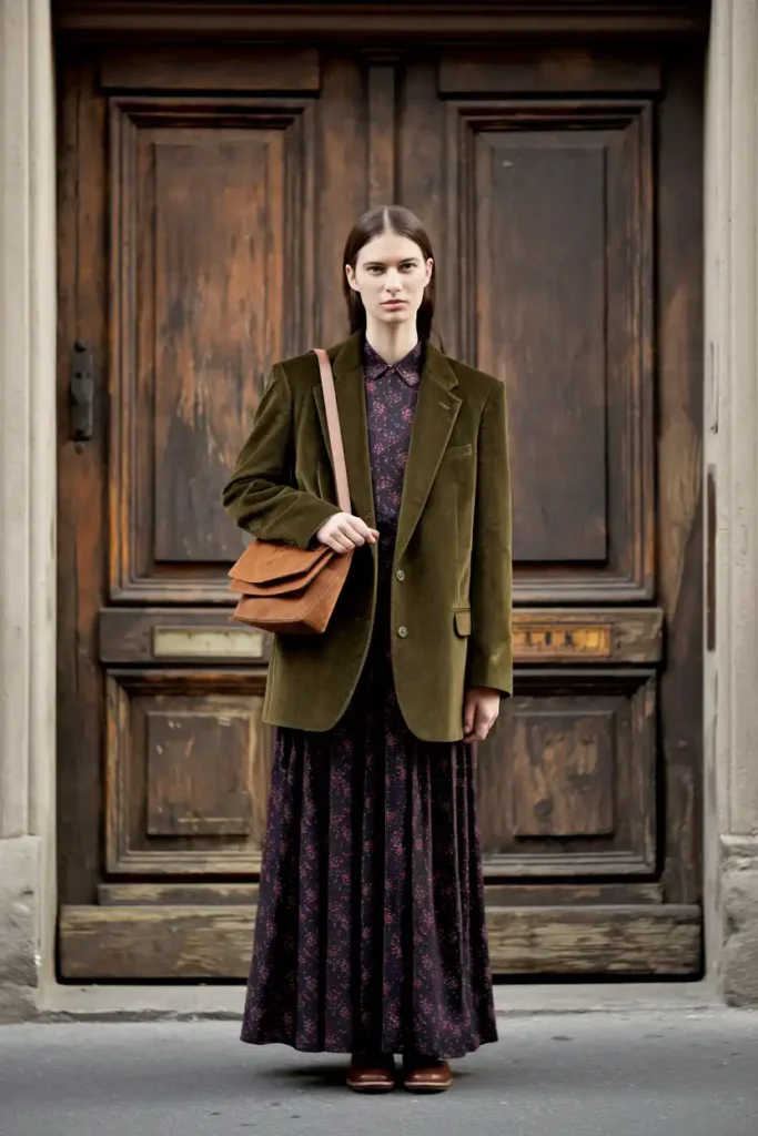 Corduroy Blazer Over a Dark Floral Maxi Dress
