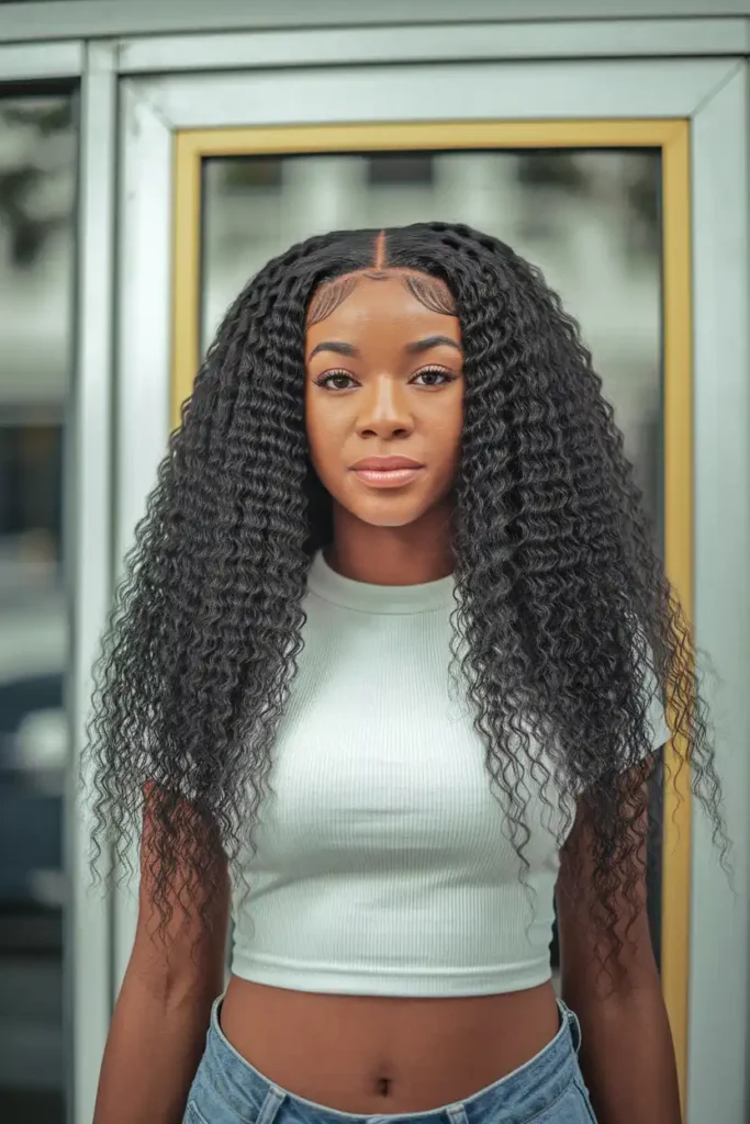 Crimped Natural Hair With a Center Part