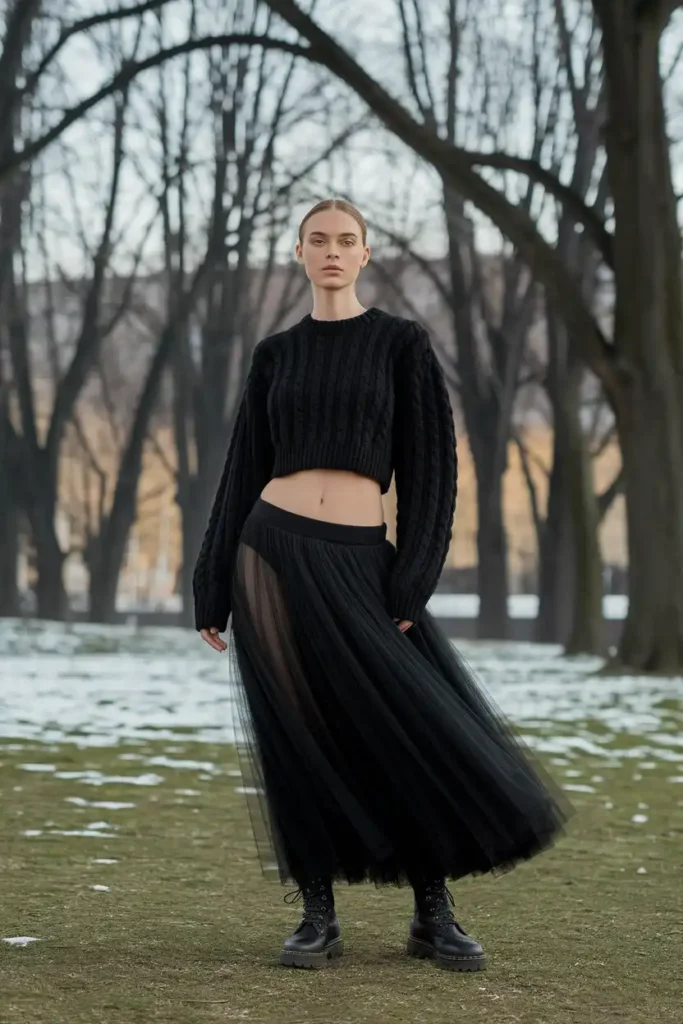 Cropped Knit Sweater and Tulle Maxi Skirt for Winter