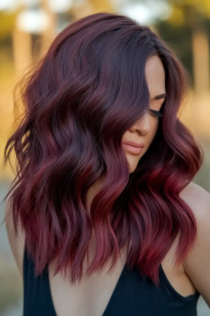 Dark Burgundy on Wavy Hair