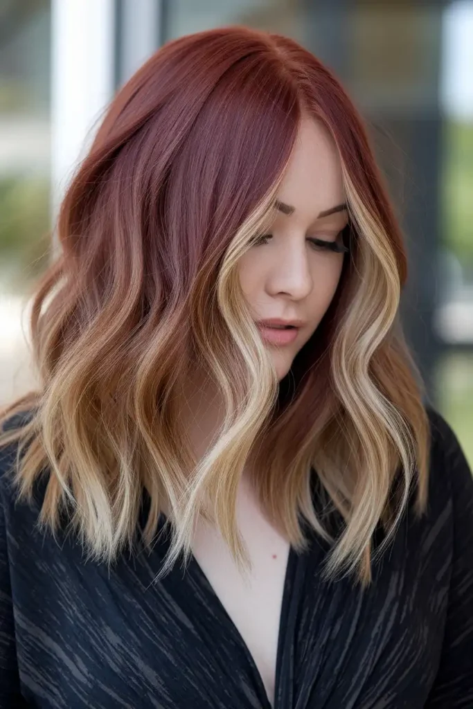Dark Red Hair With Blonde Highlights for a Warm Contrast