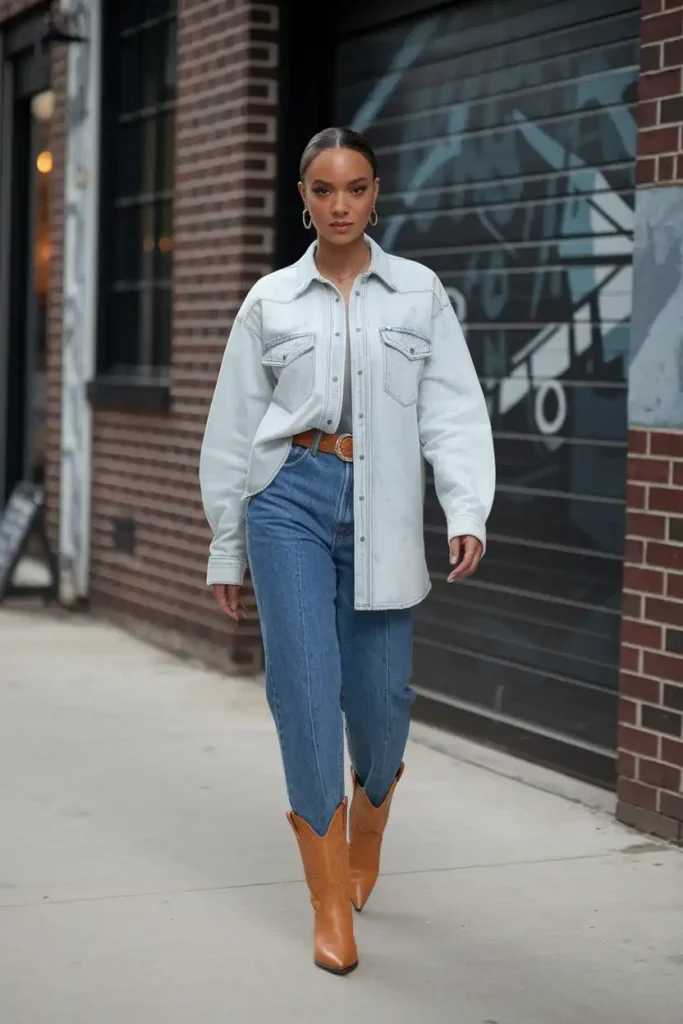 Denim-on-Denim Chicago Outfit With Western Boots