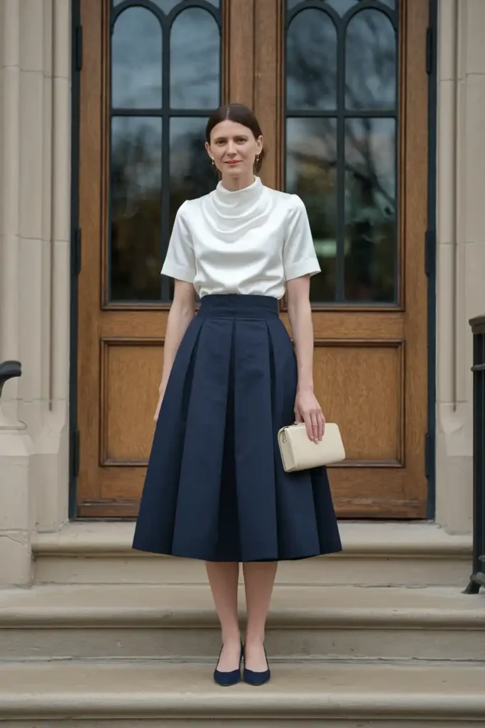 Elegant Silk Blouse and A-Line Midi Skirt