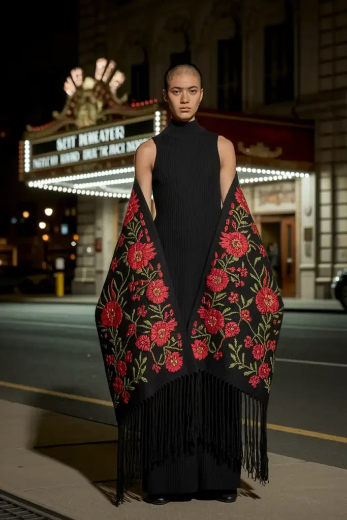 Embroidered Shawl Draped Over a Sleek Black Maxi Dress