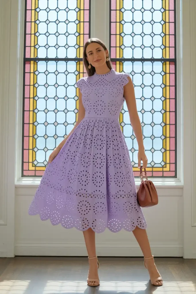 Feminine Eyelet Midi Dress with Cap Sleeves