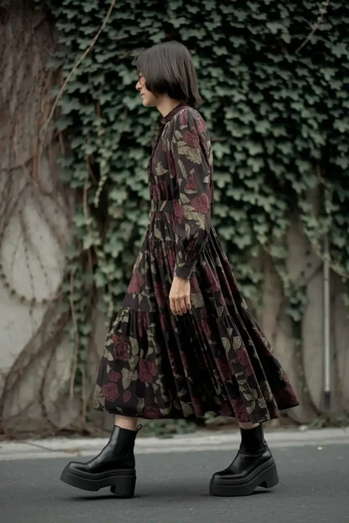 Floral Dark Midi Dress with Chunky Platform Boots