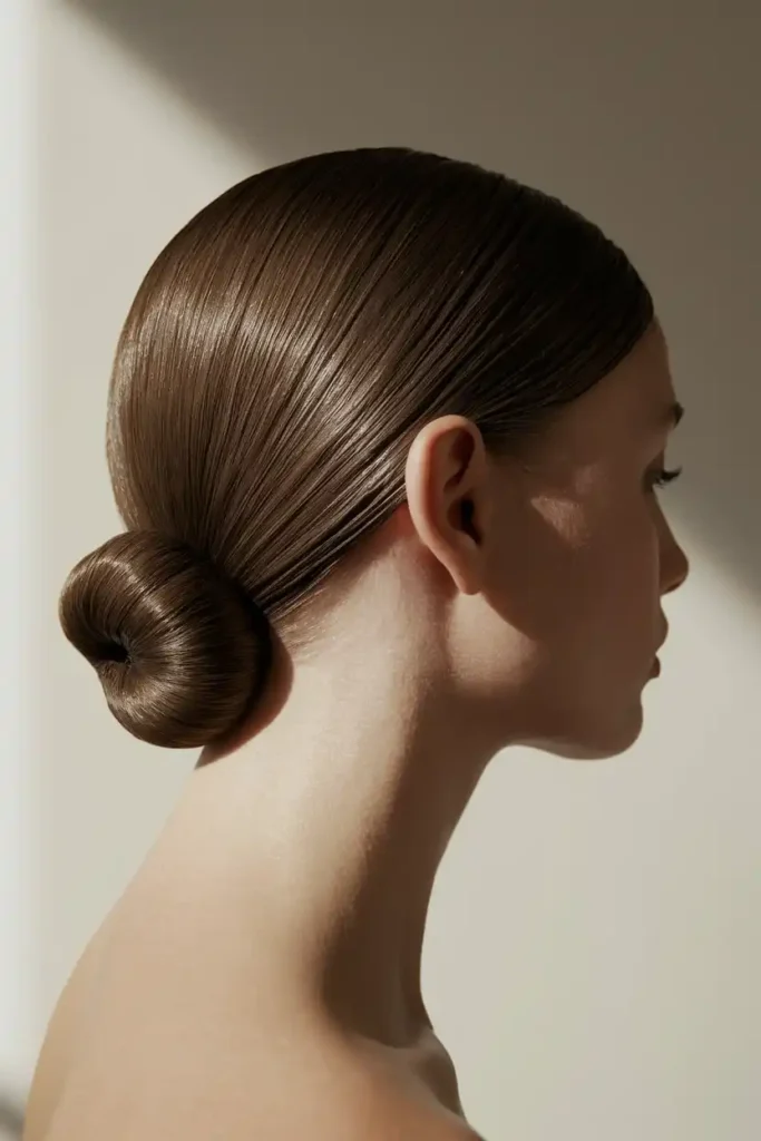 Glossy Straight Hair Pulled Into a Low Bun