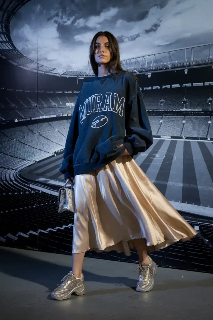 Graphic Sweatshirt and Silk Midi Skirt