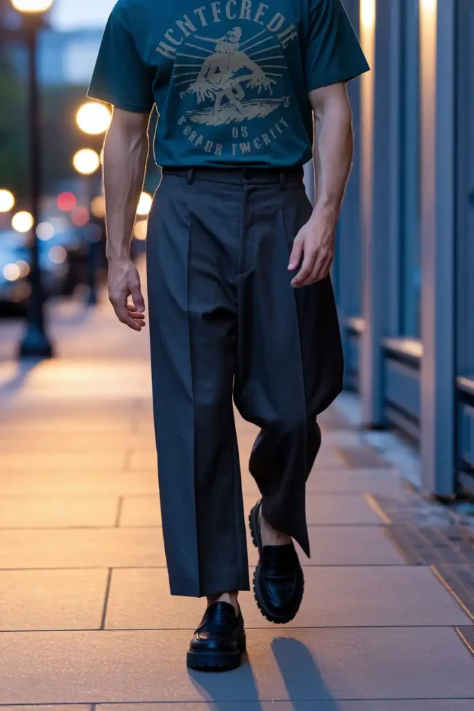 Graphic Tee Tucked Into Wide-Leg Trousers