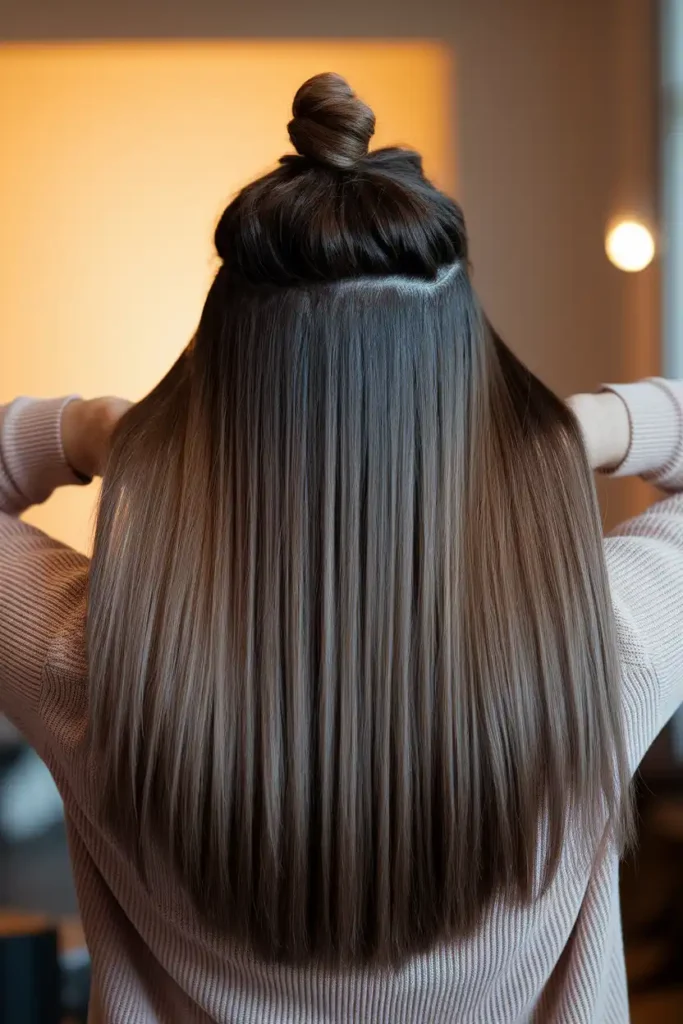 Half-Up Knot on Long Straight Hair
