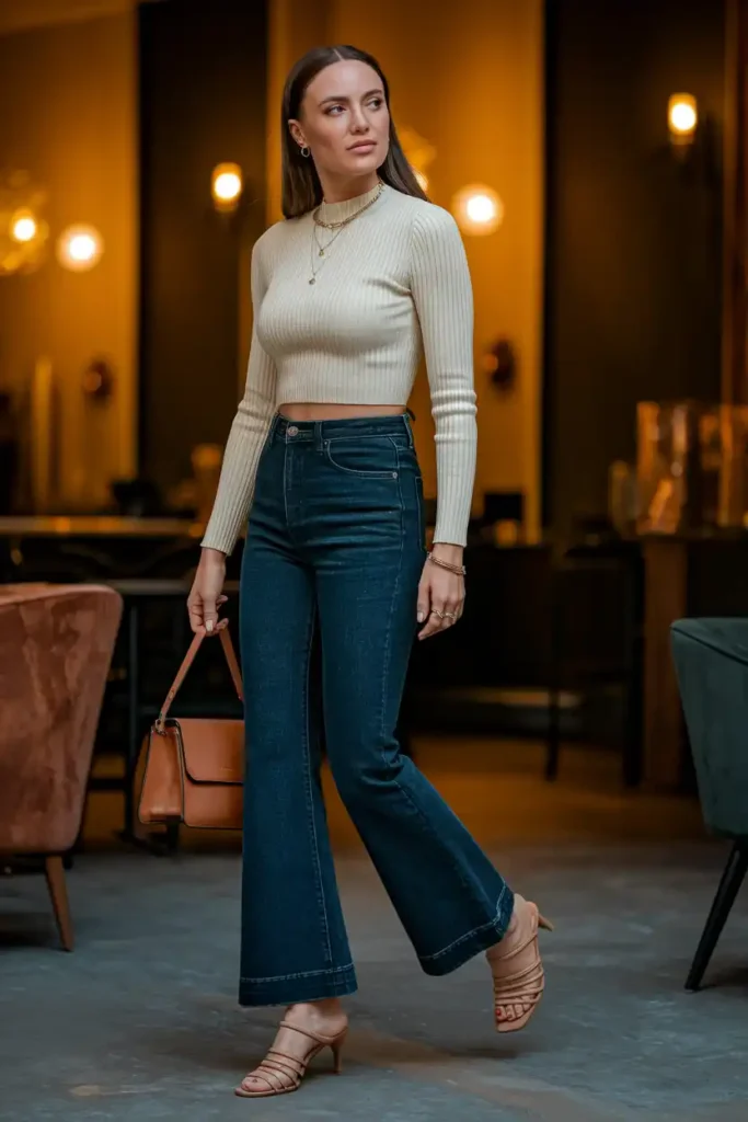 High-Waisted Flare Jeans With a Cropped Knit and Mule Heels