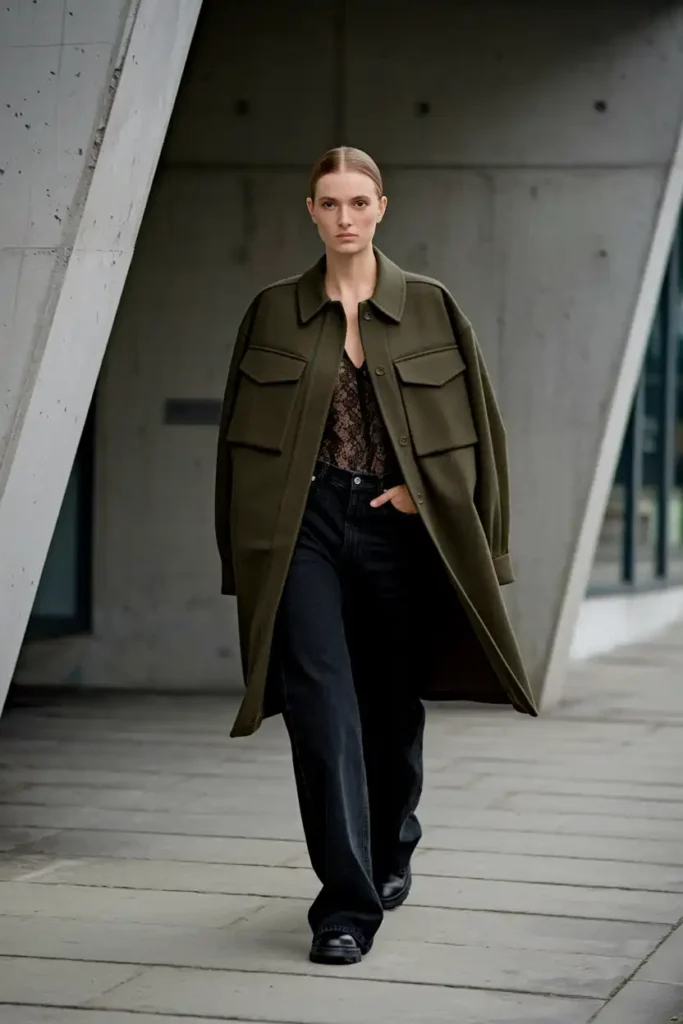 Lace Bodysuit Under a Structured Wool Utility Jacket