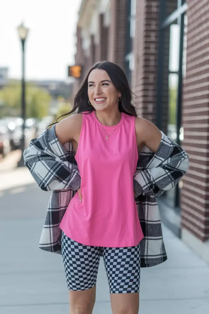Layered Tank Tops and Patterned Bike Shorts