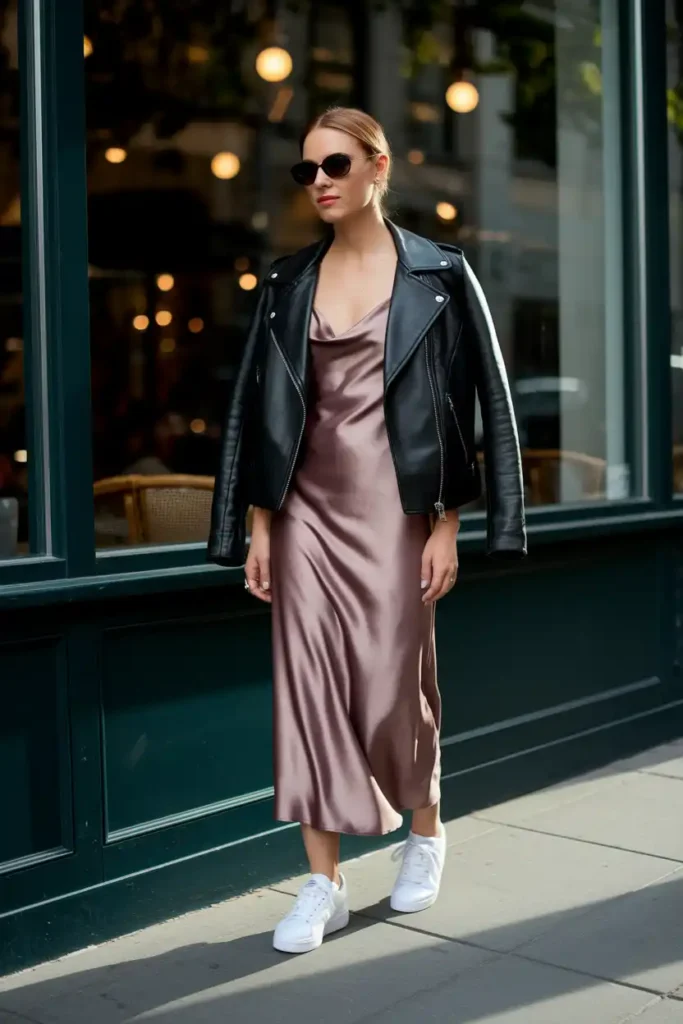Leather Jacket Over Slip Dress With White Sneakers
