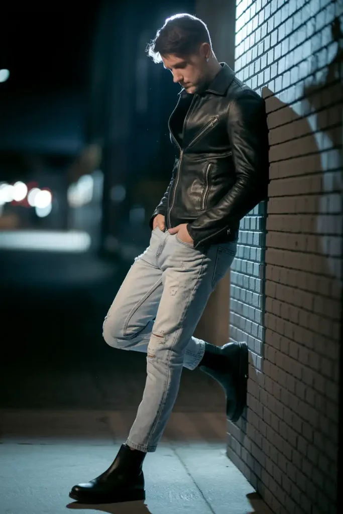 Leather Jacket With Distressed Jeans and Chelsea Boots