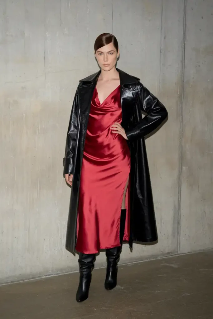 Leather Trench Coat Over Crimson Silk Midi Dress