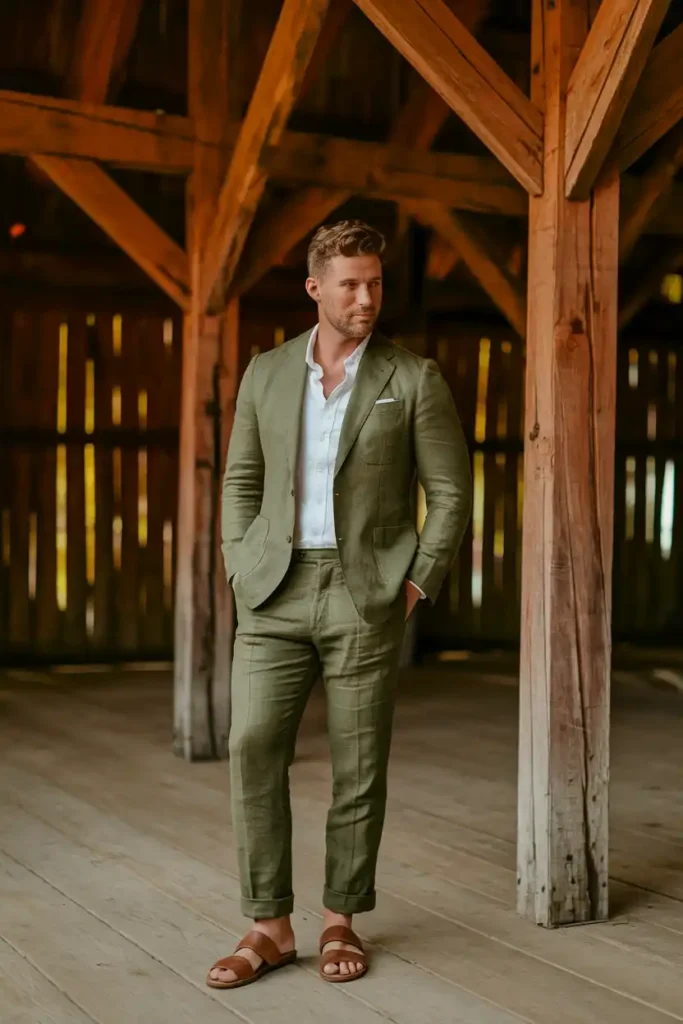 Linen Suit in Olive Green