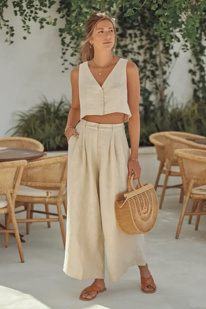 Linen Wide-Leg Pants With a Cropped Linen Top and Sandals