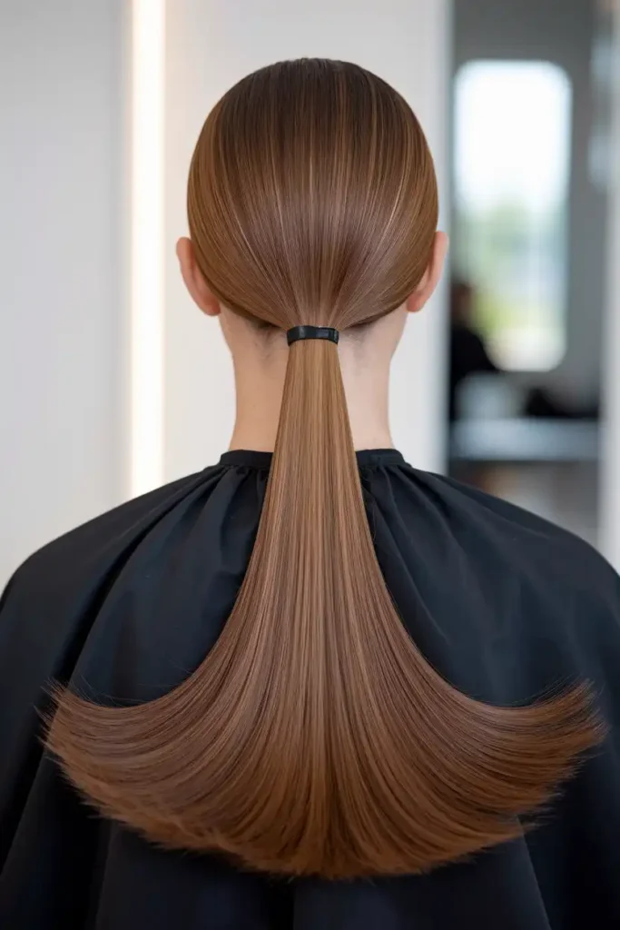 Long Straight Haircut With a Low Ponytail Finish