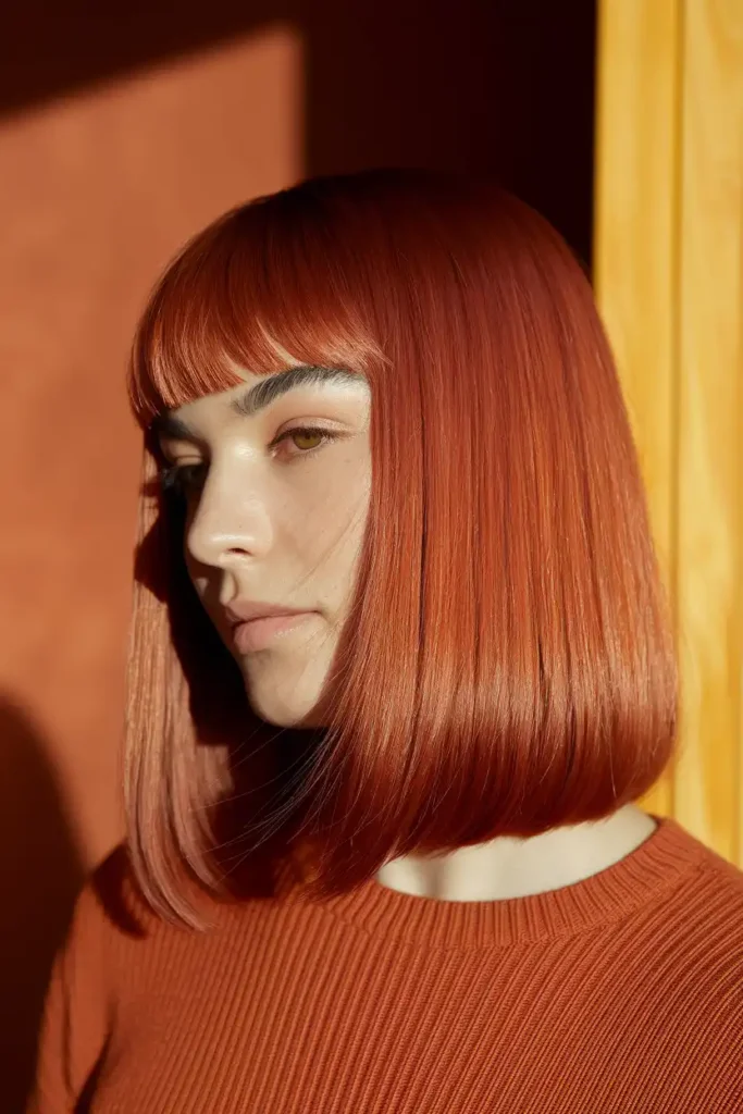 Long Straight Haircut in a Warm Copper Tone for Olive Skin