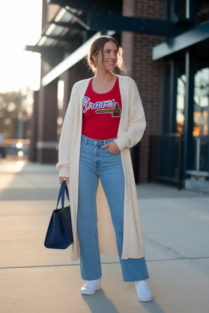 Longline Cardigan Over Braves Tank