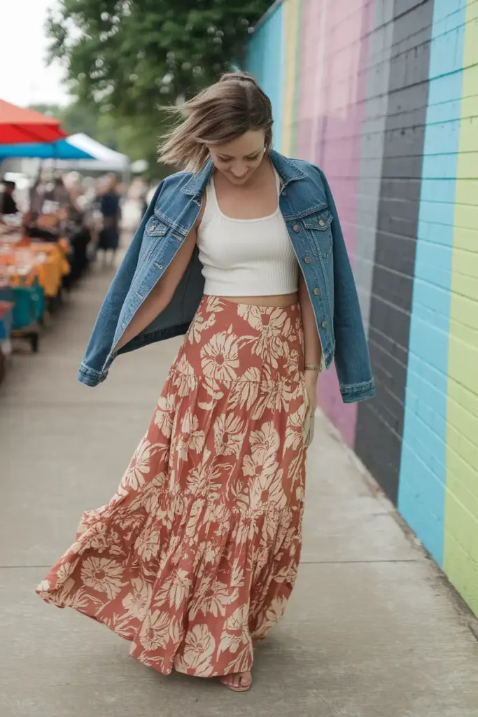 Maxi Skirt With a Fitted Tank and Denim Jacket