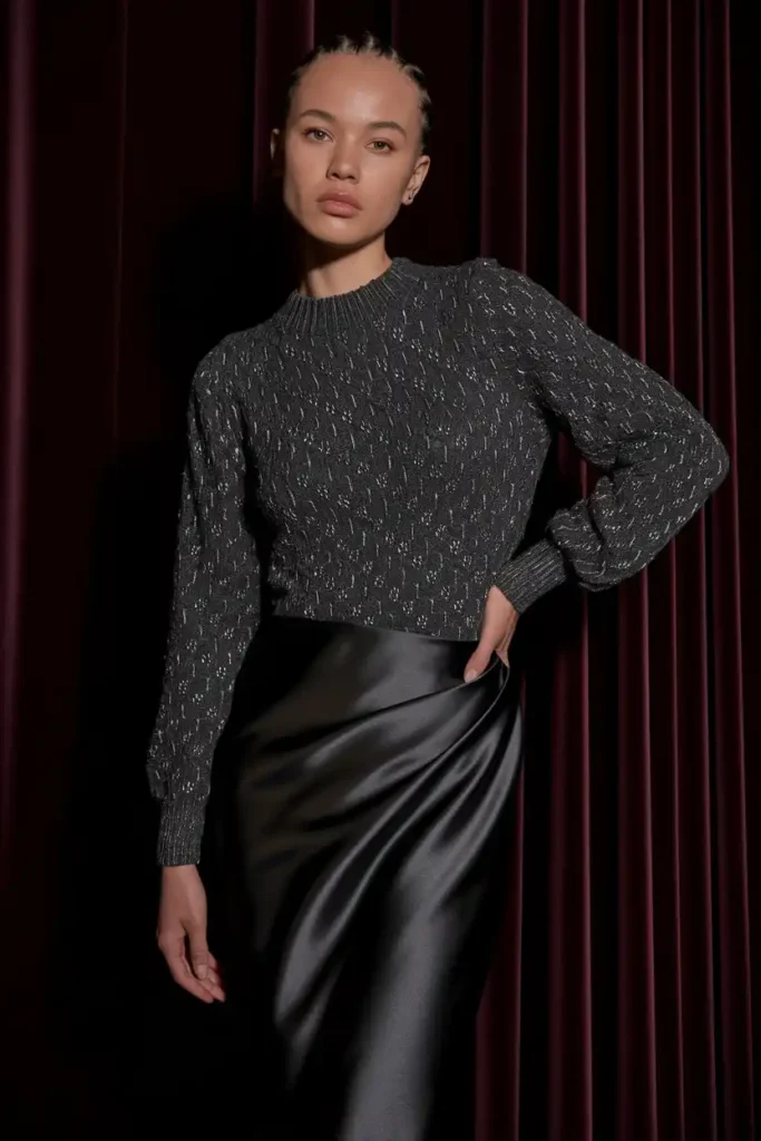 Metallic Thread Knit Top with a Black Satin Midi Skirt