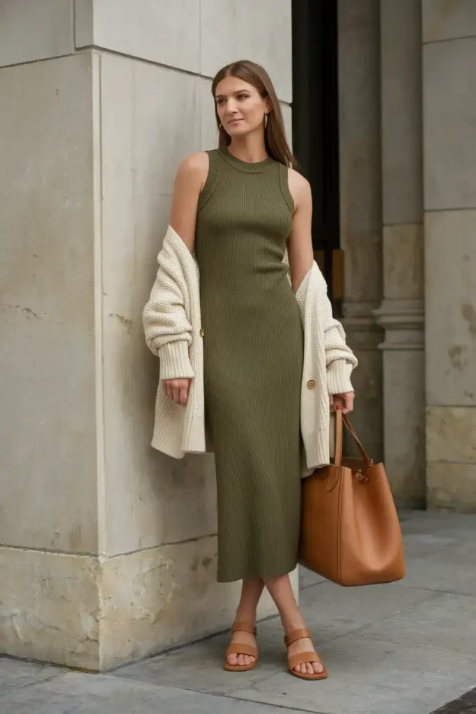 Minimalist Column Midi Dress with a Light Cardigan