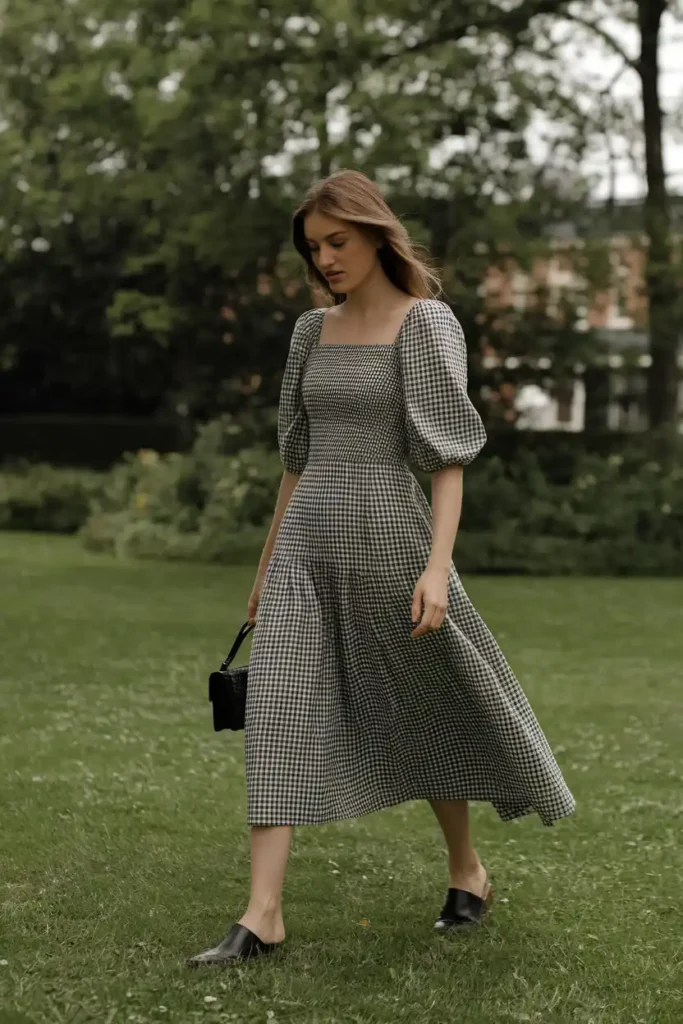 Modest Gingham Midi Dress with a Square Neckline