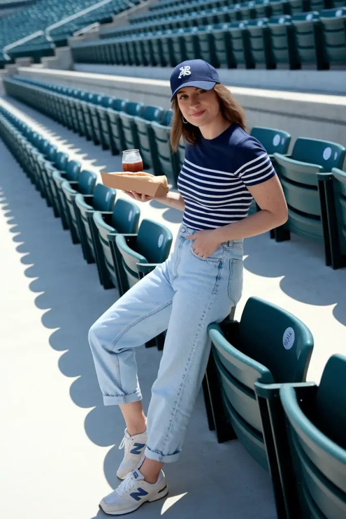 Mom Jeans, a Striped Tee, and a Baseball Cap