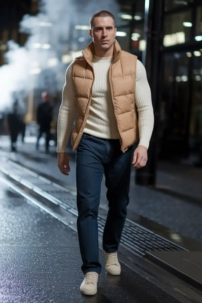 Neutral Puffer Vest Over a Long-Sleeve Shirt