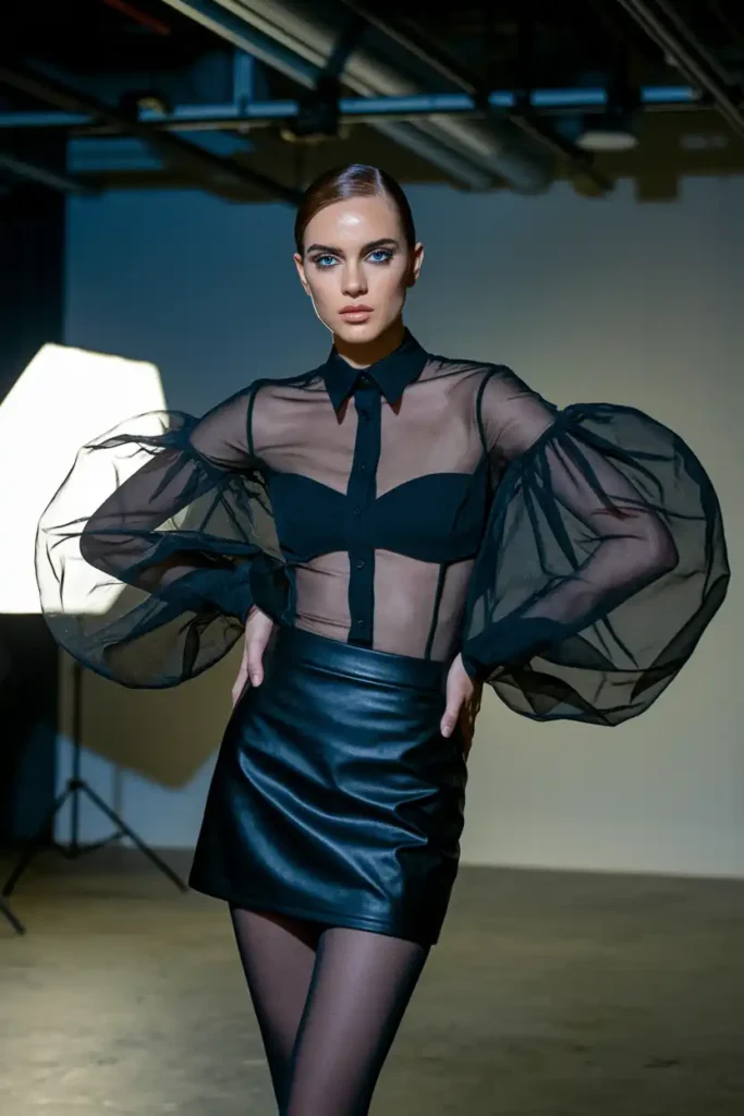 Organza Blouse with Puff Sleeves and Leather Mini Skirt