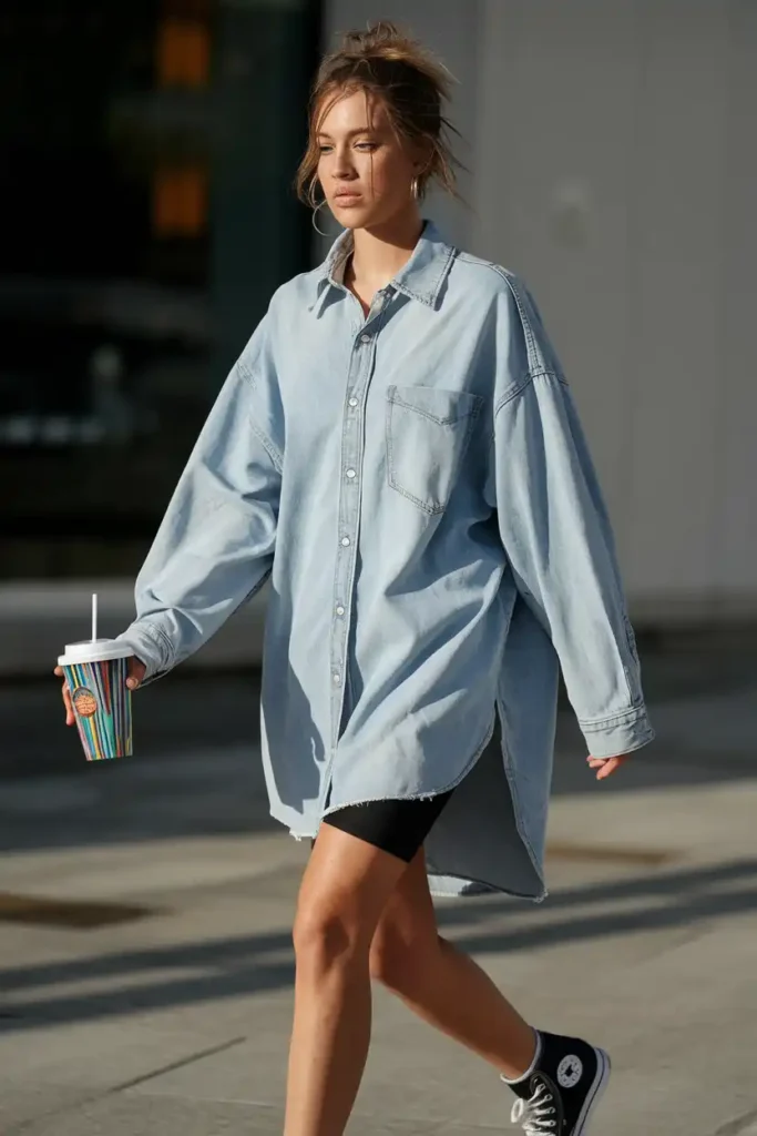Oversized Denim Shirt and Bike Shorts
