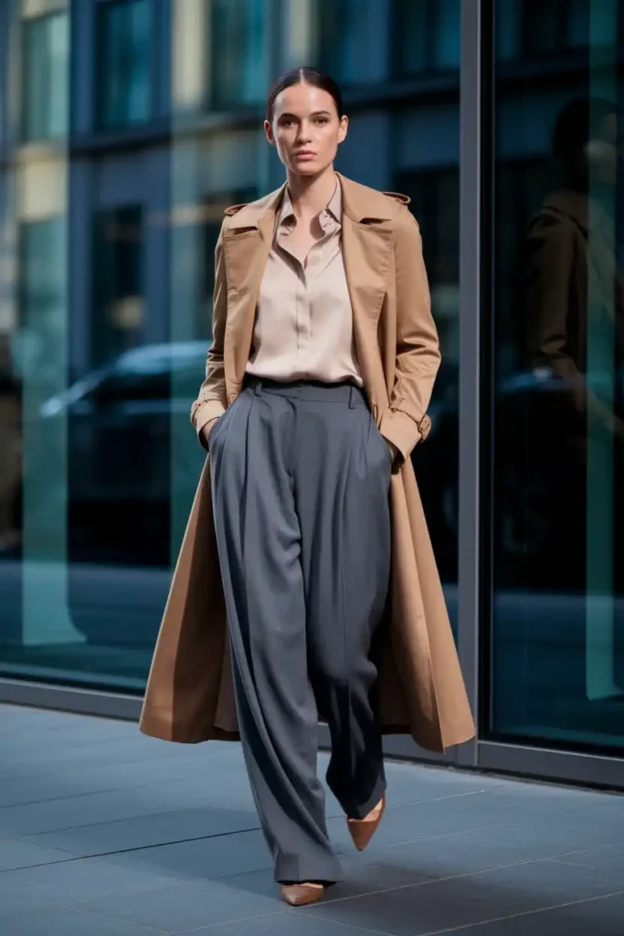 Oversized Trench Coat With Tailored Trousers and Pointed Flats