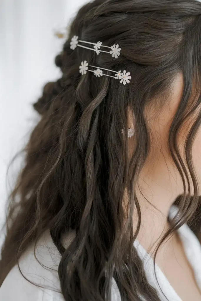 Pinned-Back Styles Using Floral Pins for Long Hair