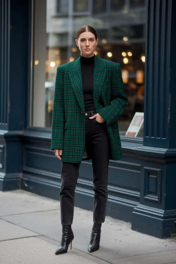 Plaid Blazer With Black Skinny Jeans and Ankle Boots