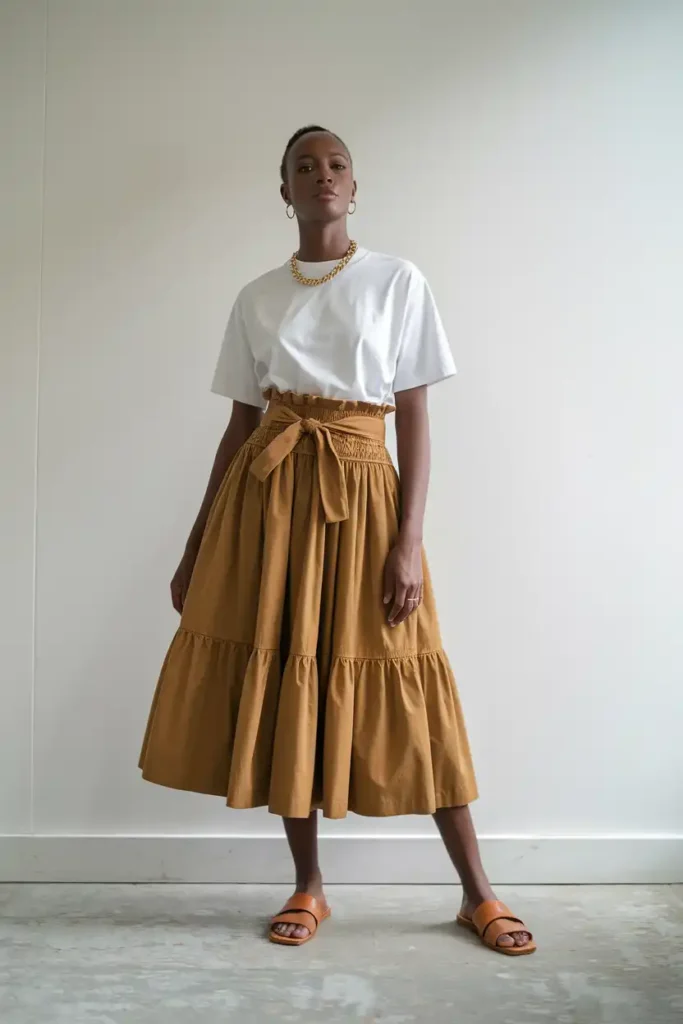 Polished Paperbag Waist Skirt and Simple T-Shirt