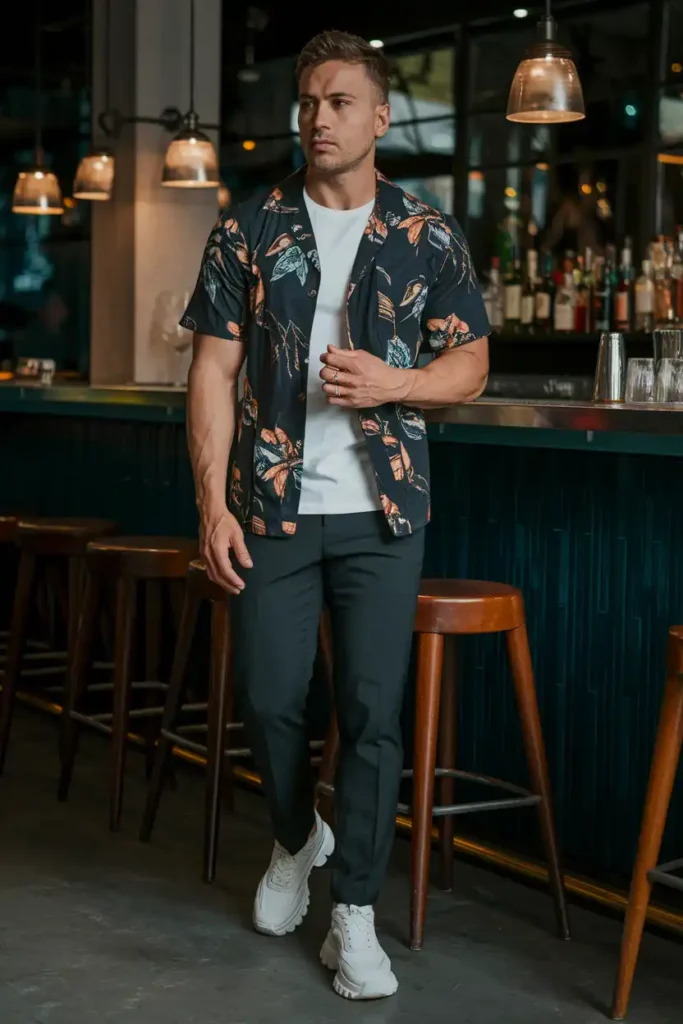 Printed Cuban Shirt Worn Open Over a White Tee