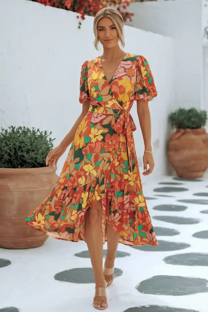 Printed Wrap Dresses Styled With Neutral Jelly Sandals