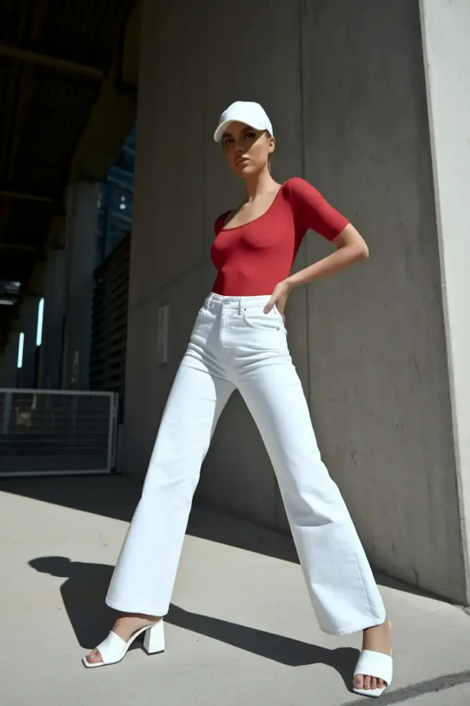 Red Bodysuit, White Wide-Leg Jeans, and a Cap