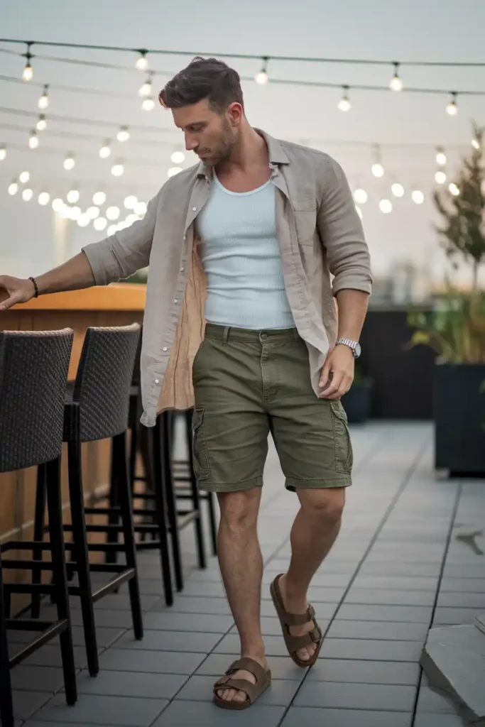 Relaxed Linen Shirt Over a Tank With Cargo Shorts
