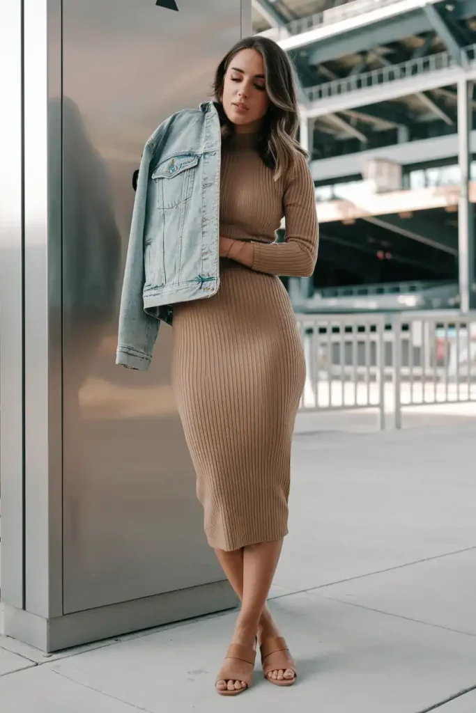 Ribbed Knit Midi Dress and Denim Jacket