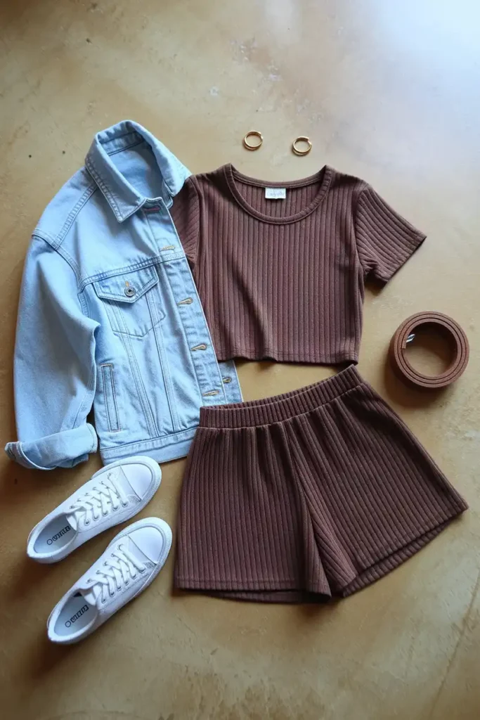 Ribbed Set With Oversized Denim Jacket