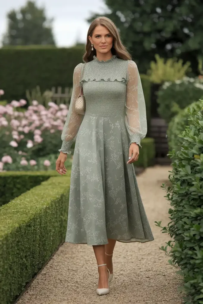  Romantic Floral Midi Dress with a Smocked Bodice