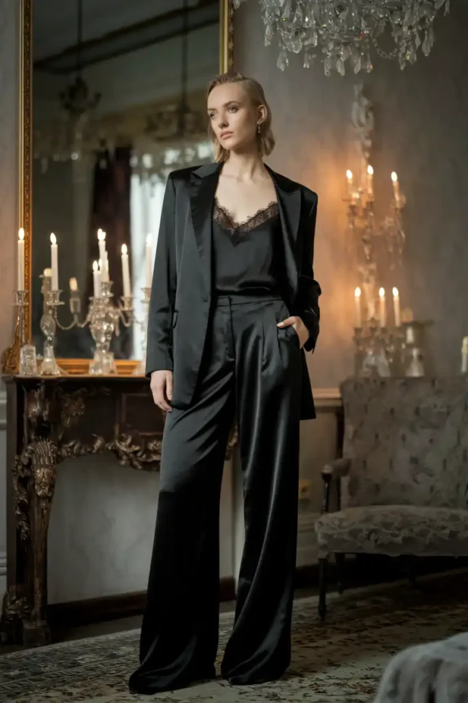 Satin Blazer and Lace-Trimmed Cami with Wide-Leg Pants
