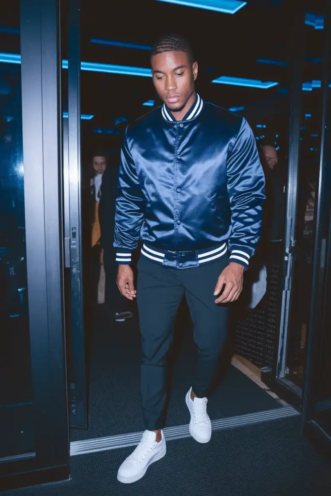 Satin Varsity Jacket With Black Slim Pants
