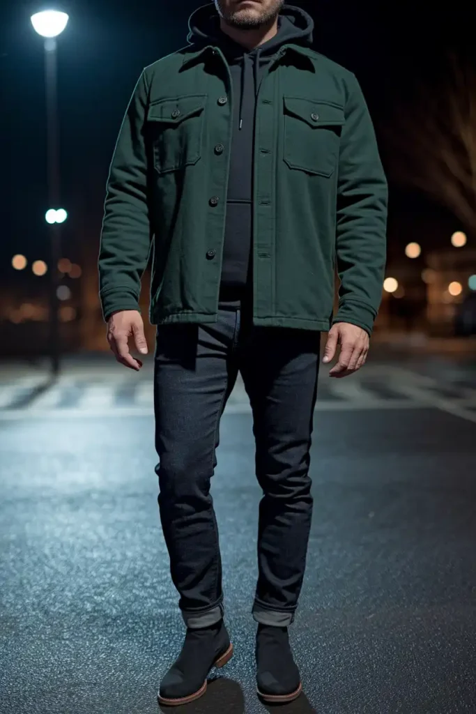 Shacket Layered Over a Hoodie With Dark Jeans