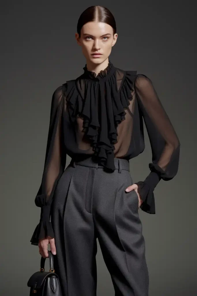 Sheer Ruffled Blouse and Tailored Trousers for Summer Nights