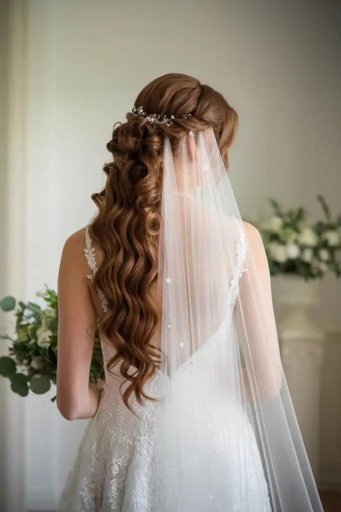 Side-Swept Style for Long Hair With a Veil
