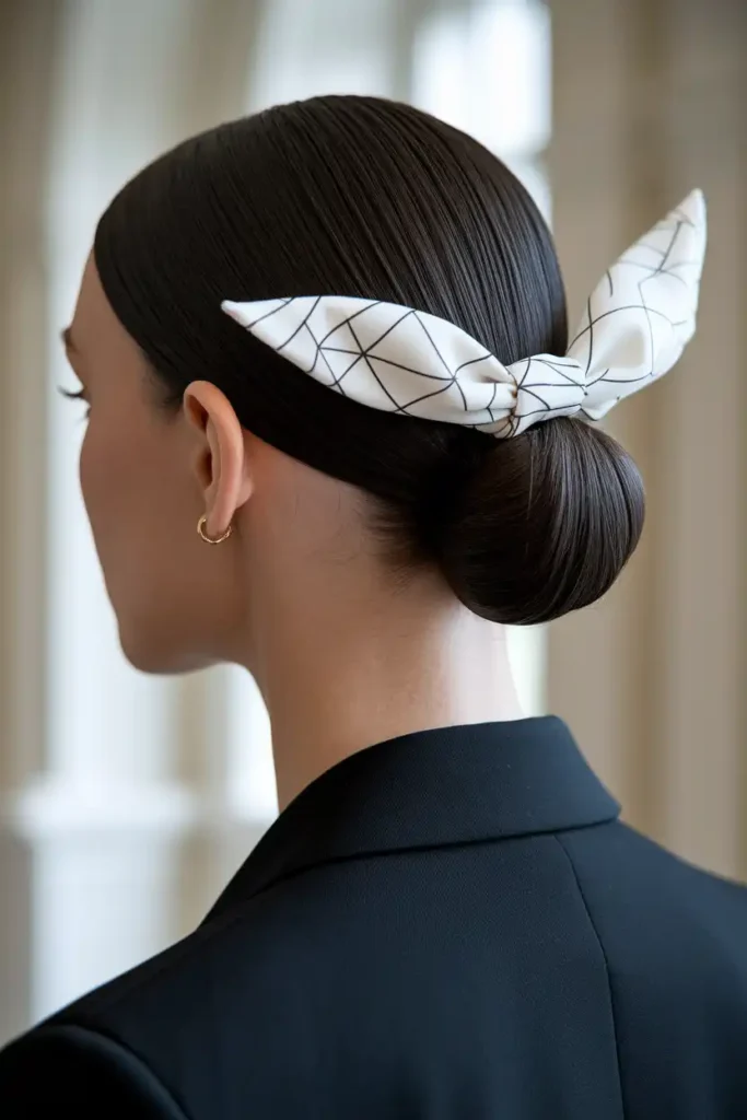 Sleek Low Bun With a Bandana Bow on Top
